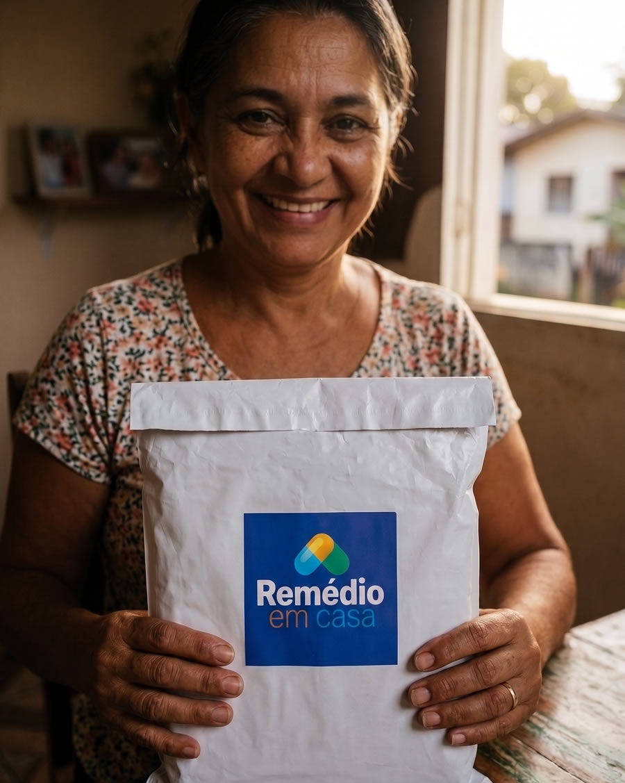 Profissional entrega sacola azul do Remédio em Casa a uma usuária idosa em sua residência